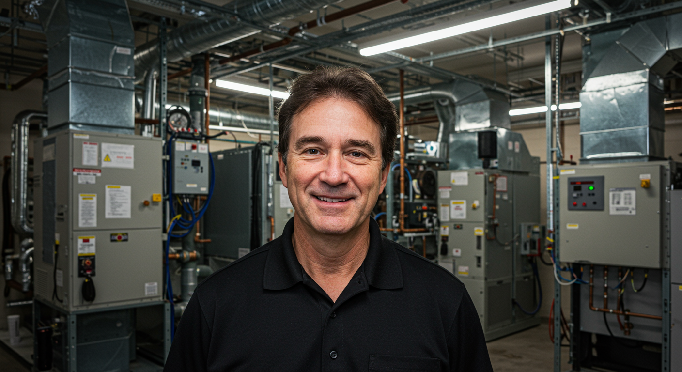 A middle-aged man in a black polo shirt smiles while standing in a training facility surrounded by large HVAC equipment and ductwork.
