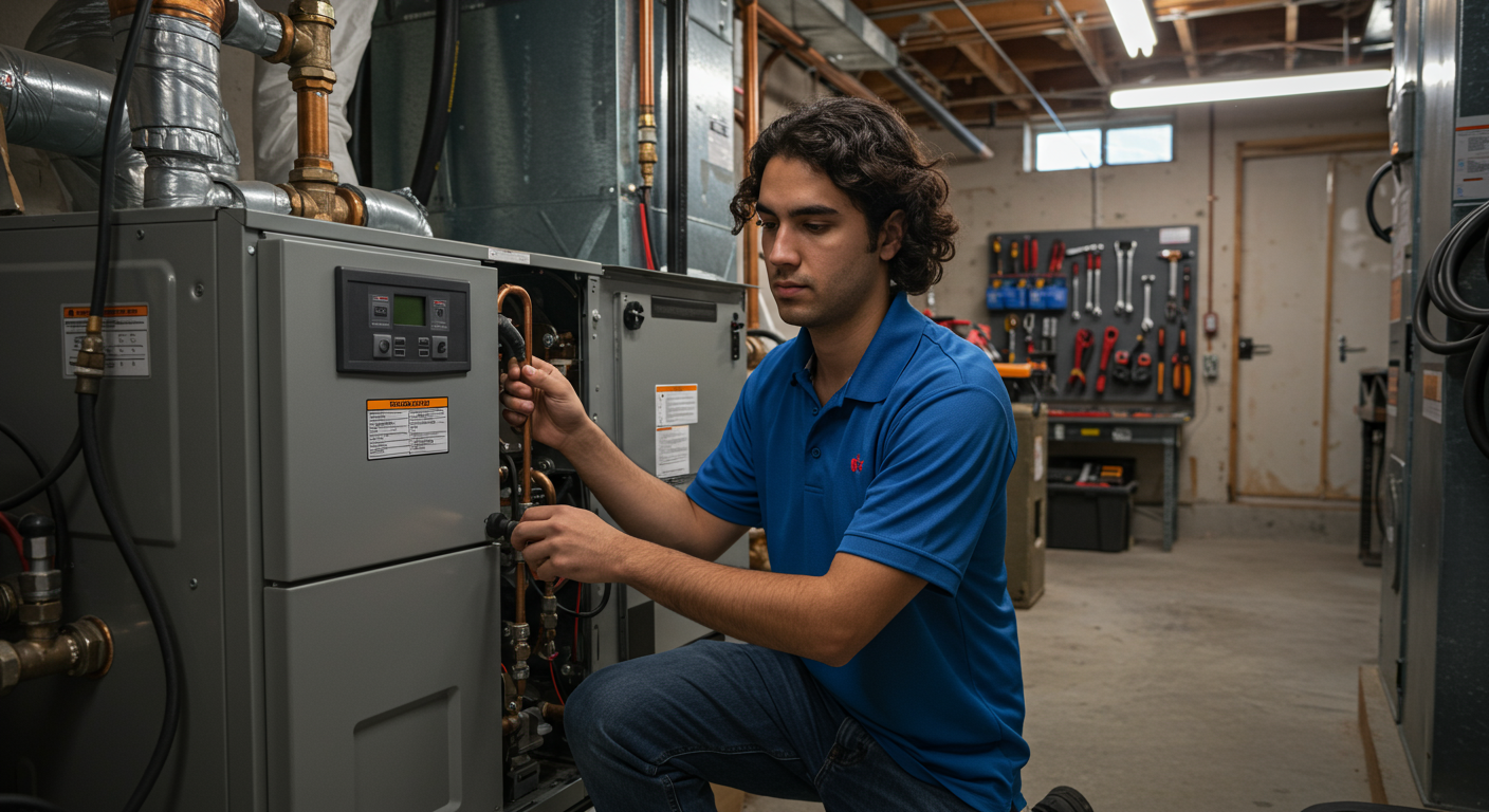 A young man in a blue polo shirt kneels while working on an HVAC unit, adjusting copper pipes in a training workshop with tools and equipment in the background.