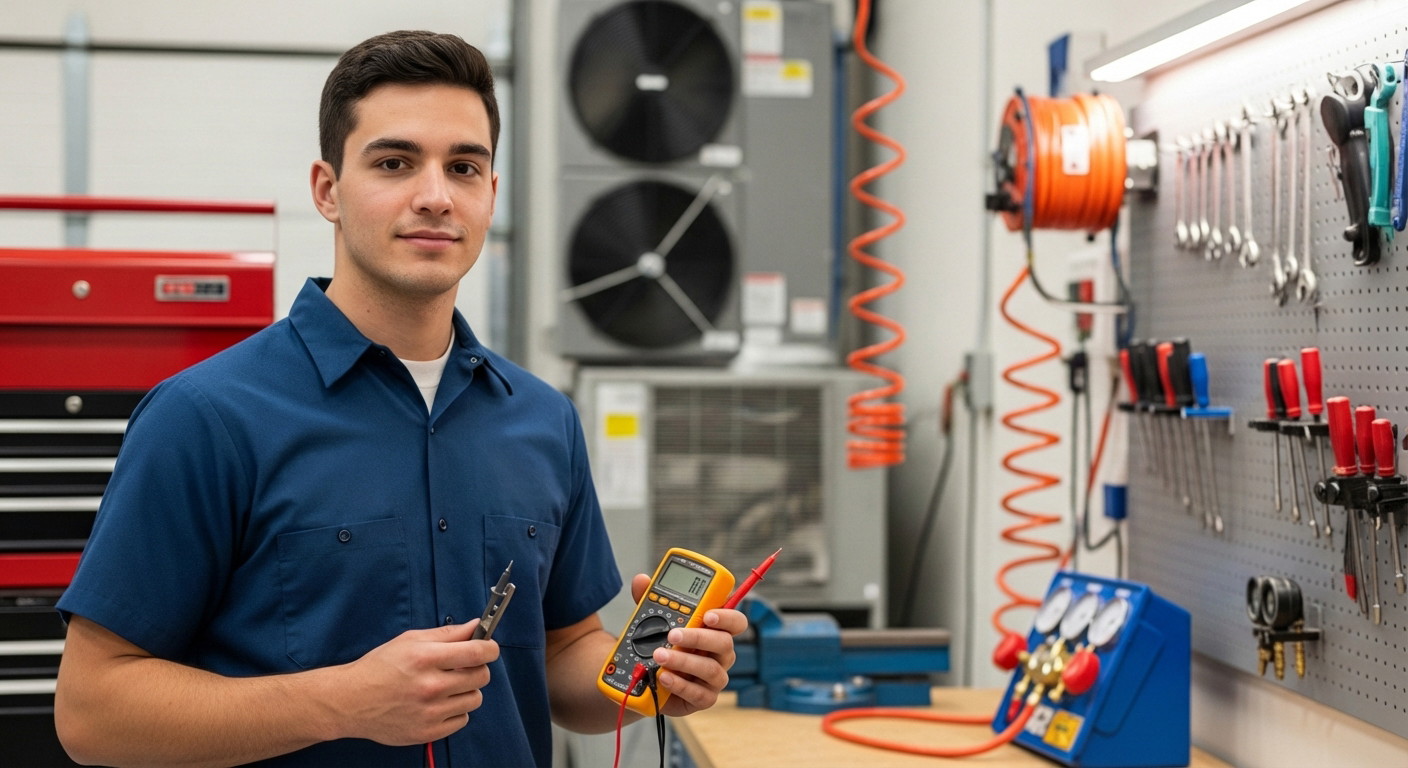 Young HVAC technician in a workshop holding a digital multimeter and pliers, standing in front of HVAC equipment, tool chest, and a wall-mounted tool board with gauges and hand tools.