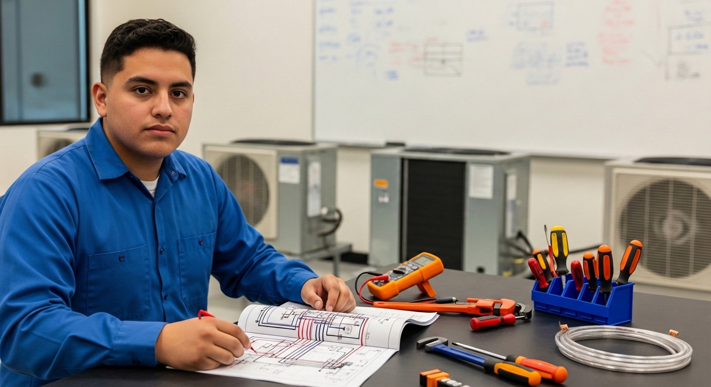 HVAC student reviewing wiring diagrams at a classroom workbench with hand tools, a multimeter, and training air conditioning units in the background.