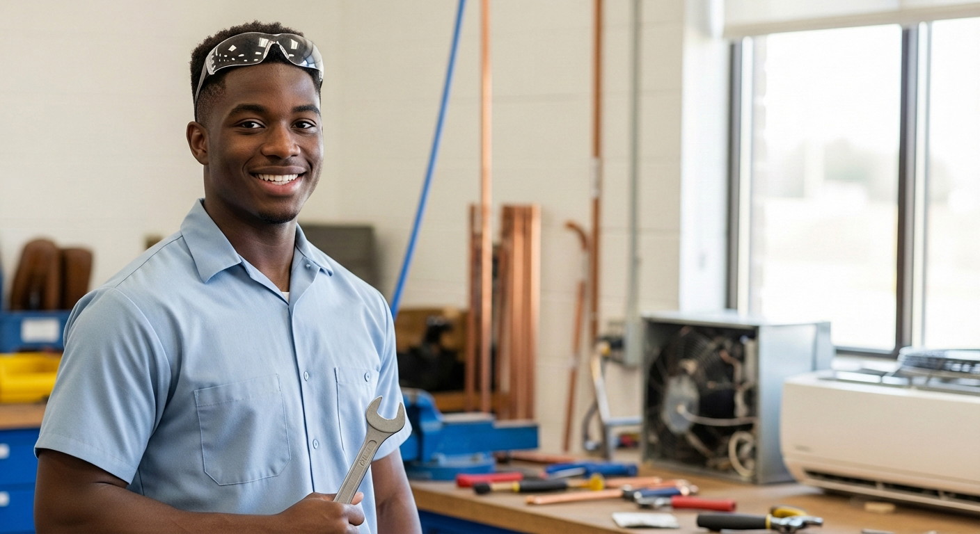 Smiling HVAC student wearing safety glasses on his head, holding a wrench in a training lab with air conditioning units, copper piping, and tools on a workbench in the background.